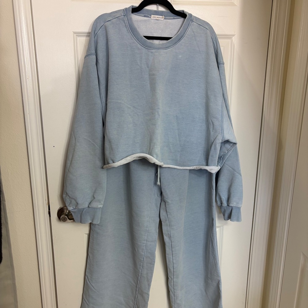 Good American Blue Sun Faded Cropped Sweatshirt & Wide Leg Sweatpants Set 8/4